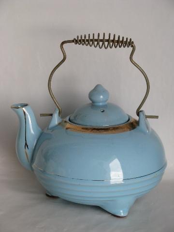 photo of vintage redware pottery tea pot w/ wire handle, old blue kitchen teapot #1