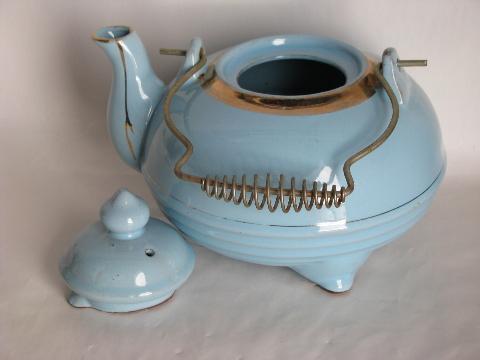 photo of vintage redware pottery tea pot w/ wire handle, old blue kitchen teapot #2