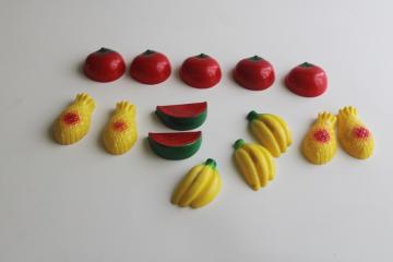 catalog photo of vintage refrigerator magnets, hard plastic colorful fruit & veg, retro fridge decor 