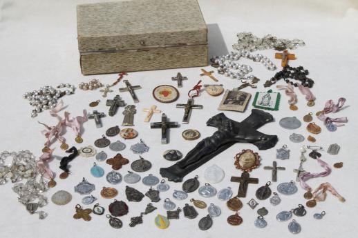 photo of vintage religious jewelry lot, rosaries, holy medals, crucifixes, collection of 95 pieces #1