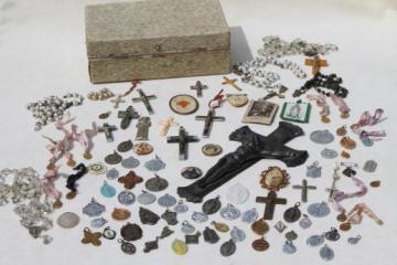 catalog photo of vintage religious jewelry lot, rosaries, holy medals, crucifixes, collection of 95 pieces