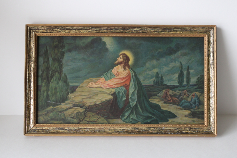 photo of vintage religious print Jesus in the Garden of Gethsemane framed in old gold wood frame  #1