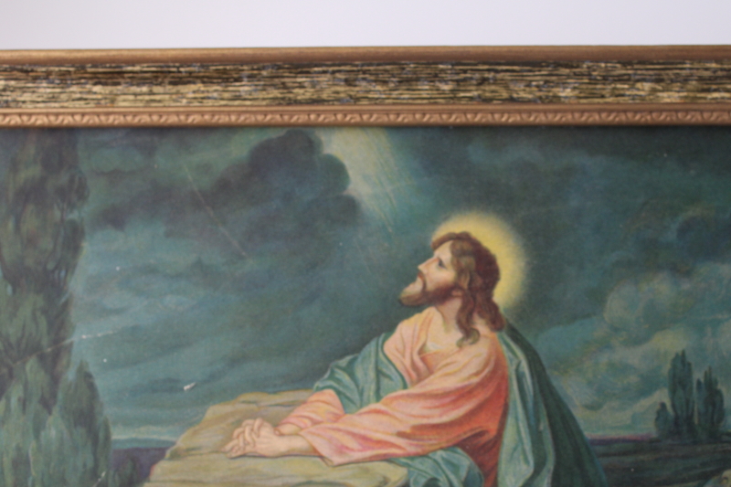 photo of vintage religious print Jesus in the Garden of Gethsemane framed in old gold wood frame  #2