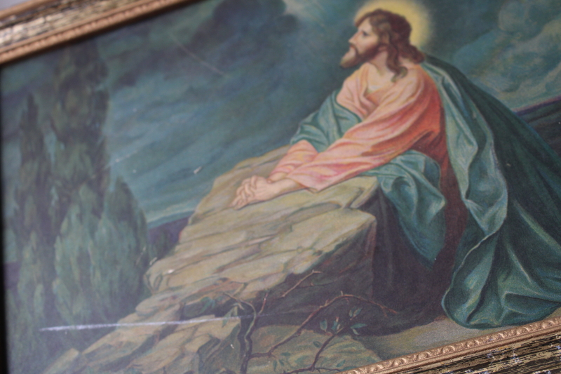 photo of vintage religious print Jesus in the Garden of Gethsemane framed in old gold wood frame  #3