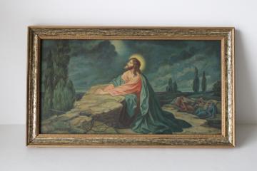 vintage religious print Jesus in the Garden of Gethsemane framed in old gold wood frame 