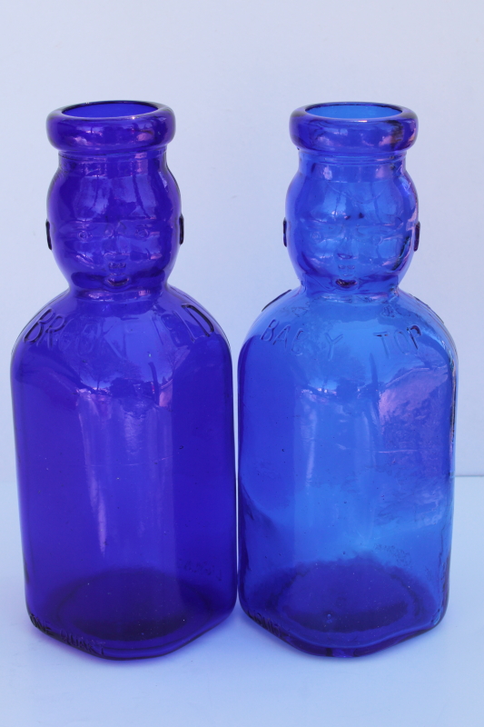 photo of vintage reproduction Brookfield Baby Top antique milk bottles cobalt blue glass #1