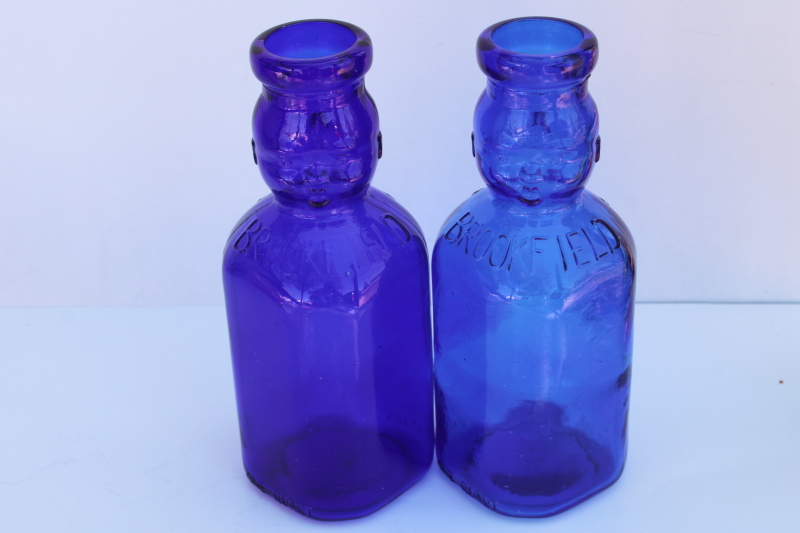 photo of vintage reproduction Brookfield Baby Top antique milk bottles cobalt blue glass #2
