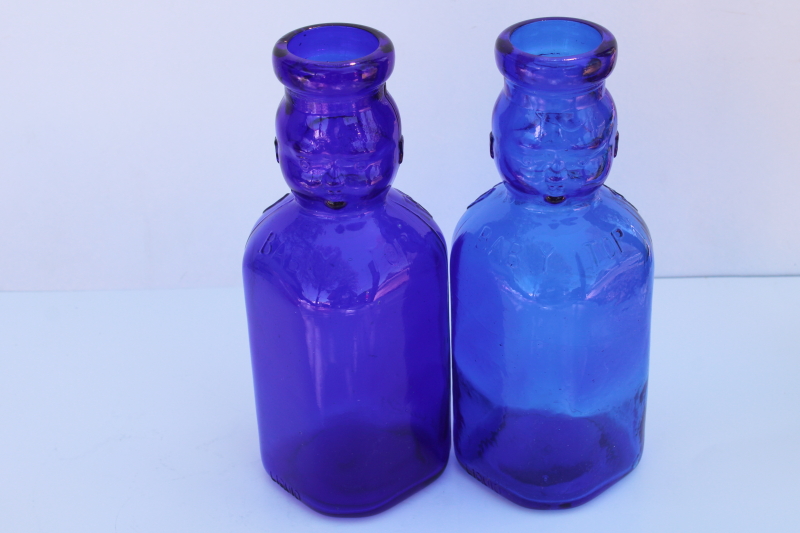 photo of vintage reproduction Brookfield Baby Top antique milk bottles cobalt blue glass #3