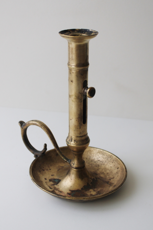 photo of vintage reproduction antique brass candle holder, adjustable chamber candlestick #1