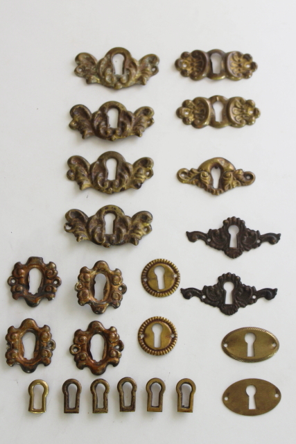 photo of vintage reproduction antique hardware, lot ornate brass key kole escutcheons, keykoles  #1