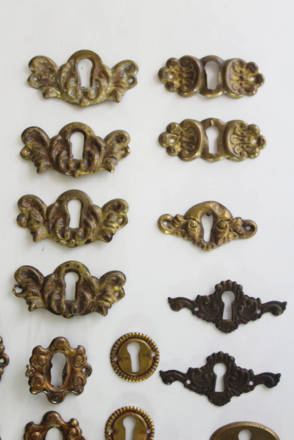 photo of vintage reproduction antique hardware, lot ornate brass key kole escutcheons, keykoles  #2