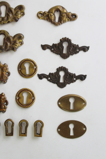 photo of vintage reproduction antique hardware, lot ornate brass key kole escutcheons, keykoles  #3