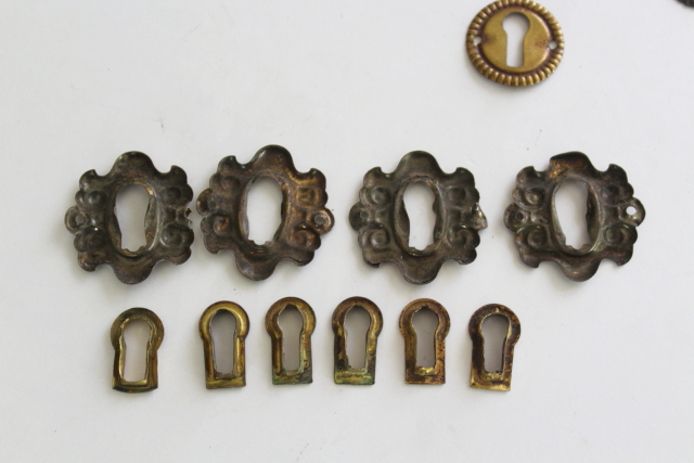 photo of vintage reproduction antique hardware, lot ornate brass key kole escutcheons, keykoles  #5