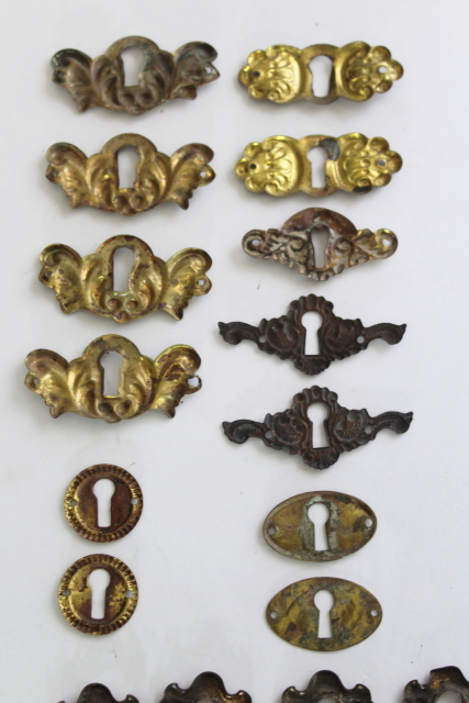 photo of vintage reproduction antique hardware, lot ornate brass key kole escutcheons, keykoles  #6