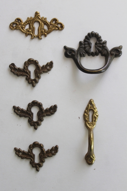 photo of vintage reproduction antique hardware, lot ornate brass keykoles escutcheons handles  #1