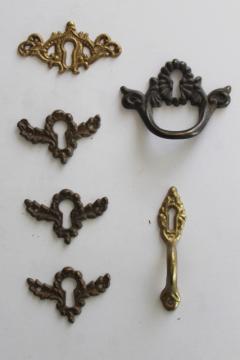 catalog photo of vintage reproduction antique hardware, lot ornate brass keykoles escutcheons handles 