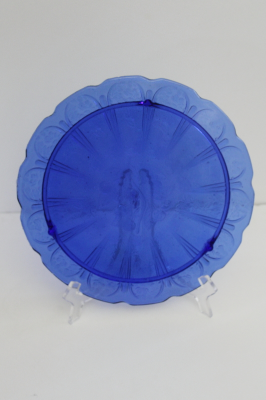 photo of vintage reproduction depression glass cake plate, cherry blossom pattern cobalt blue glass #1