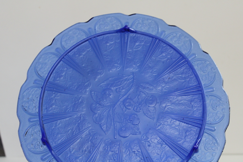 photo of vintage reproduction depression glass cake plate, cherry blossom pattern cobalt blue glass #4
