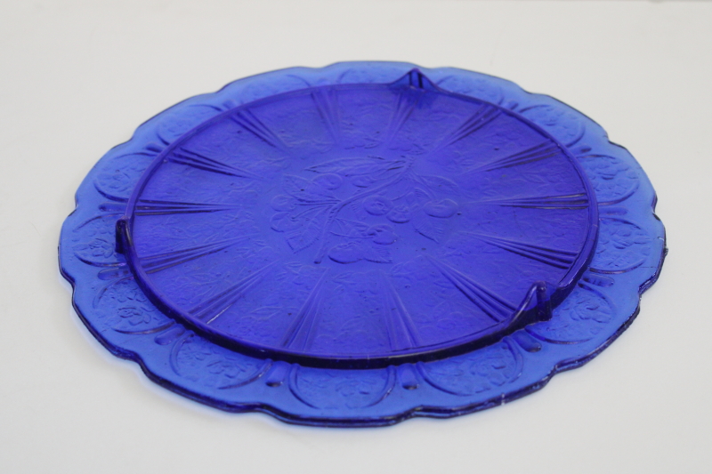 photo of vintage reproduction depression glass cake plate, cherry blossom pattern cobalt blue glass #5