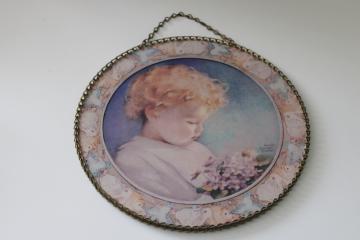 vintage reproduction flue cover, round chain frame wall hanging, Annie Benson Muller art print 