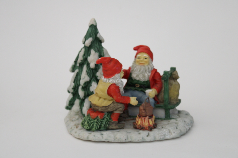 photo of vintage resin figurine, tiny Christmas elf gnomes w/ winter campfire tea kettle 1990s? #1