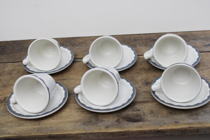 photo of vintage restaurant china coffee cups & saucers, heavy white ironstone w/ grey border farmhouse style #2