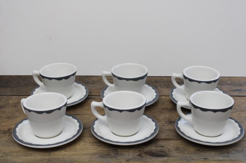 photo of vintage restaurant china coffee cups & saucers, heavy white ironstone w/ grey border farmhouse style #3