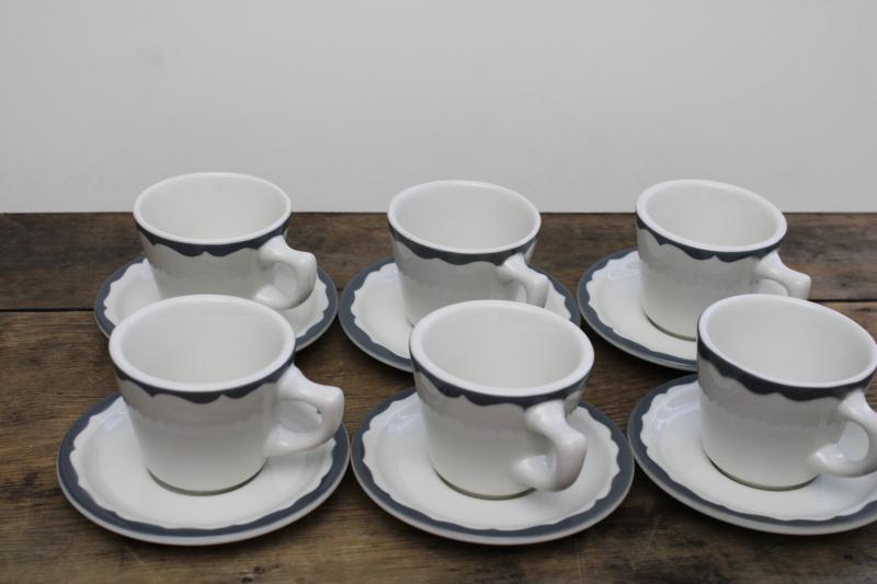 photo of vintage restaurant china coffee cups & saucers, heavy white ironstone w/ grey border farmhouse style #4