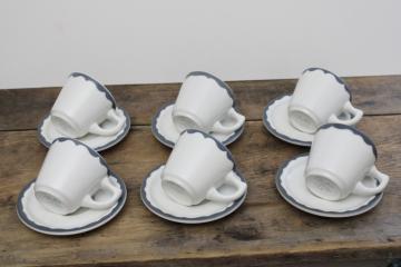 catalog photo of vintage restaurant china coffee cups & saucers, heavy white ironstone w/ grey border farmhouse style