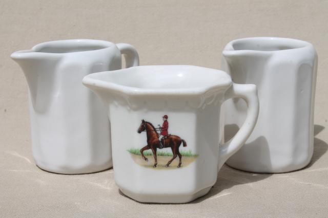 photo of vintage restaurant china cream pitchers, white ironstone, hunt club rider #1