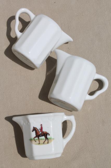 photo of vintage restaurant china cream pitchers, white ironstone, hunt club rider #2