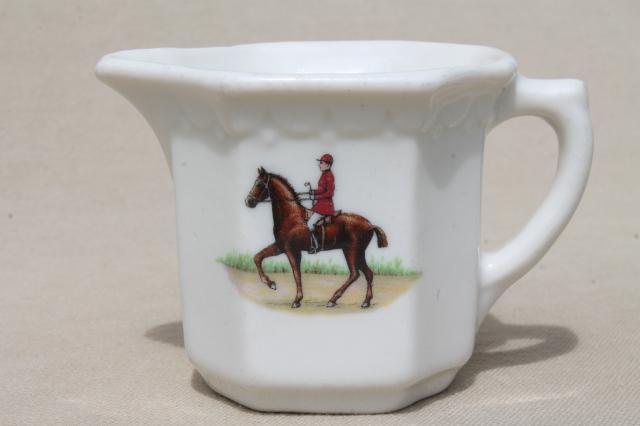 photo of vintage restaurant china cream pitchers, white ironstone, hunt club rider #3