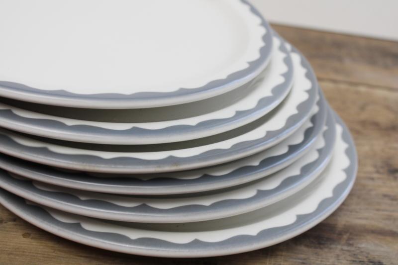 photo of vintage restaurant china dinner plates, heavy white ironstone w/ grey border farmhouse style #7