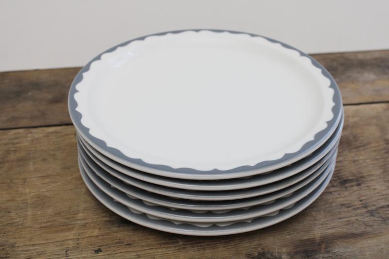 photo of vintage restaurant china dinner plates, heavy white ironstone w/ grey border farmhouse style #8