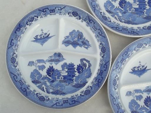 photo of vintage restaurant china grill plates, Japan blue willow divided plates #3