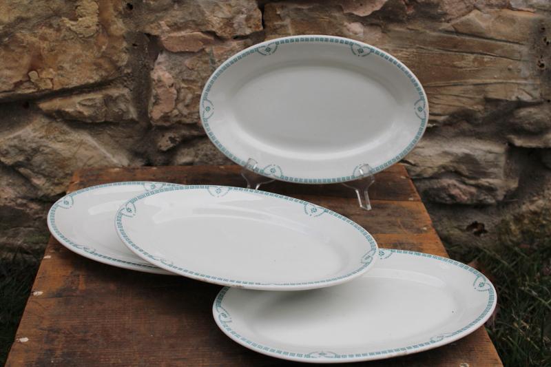 photo of vintage restaurant china oval platter plates, white ironstone w/ aqua border #1