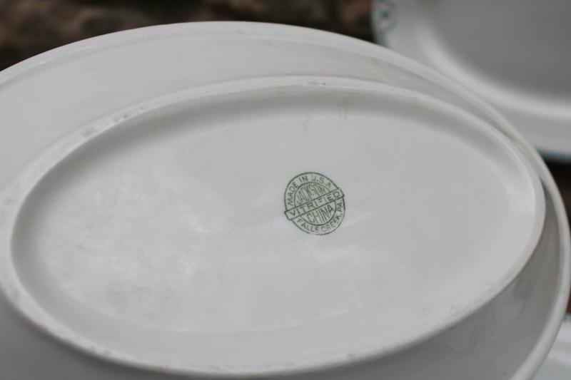 photo of vintage restaurant china oval platter plates, white ironstone w/ aqua border #4