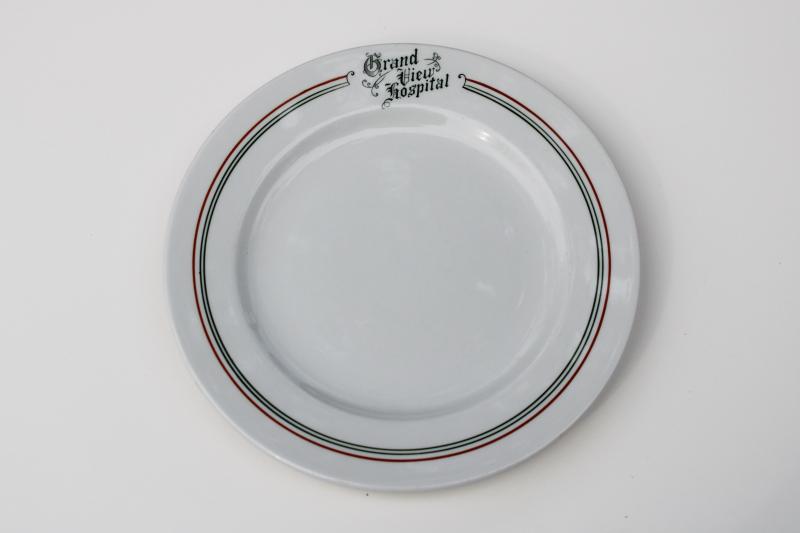 photo of vintage restaurant china plate, ironstone w/ old Grand View hospital letter head #1