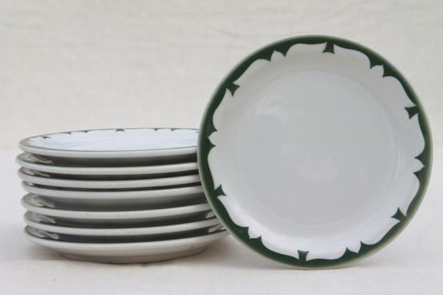 photo of vintage restaurant china plates, deep pine green stencil border on white ironstone dishes #1