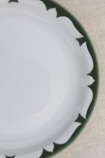 photo of vintage restaurant china plates, deep pine green stencil border on white ironstone dishes #5