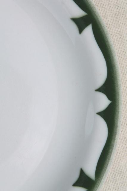 photo of vintage restaurant china plates, deep pine green stencil border on white ironstone dishes #6