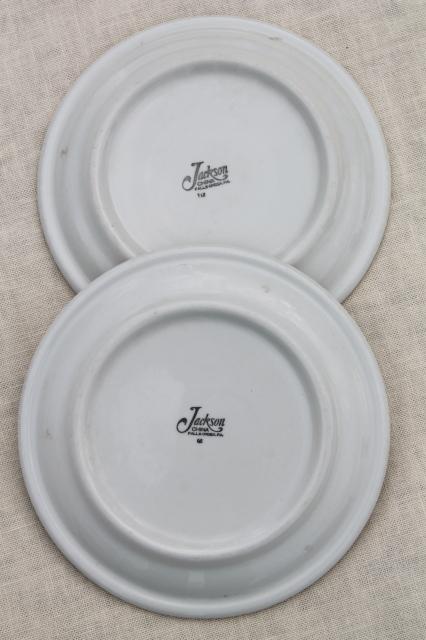 photo of vintage restaurant china plates, deep pine green stencil border on white ironstone dishes #7