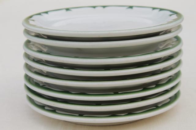 photo of vintage restaurant china plates, deep pine green stencil border on white ironstone dishes #8