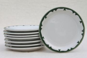 catalog photo of vintage restaurant china plates, deep pine green stencil border on white ironstone dishes