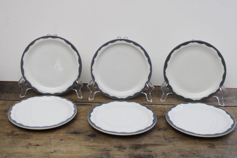 photo of vintage restaurant china side or sandwich plates, heavy white ironstone w/ grey border farmhouse style #1