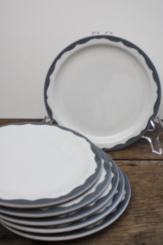 photo of vintage restaurant china side or sandwich plates, heavy white ironstone w/ grey border farmhouse style #6