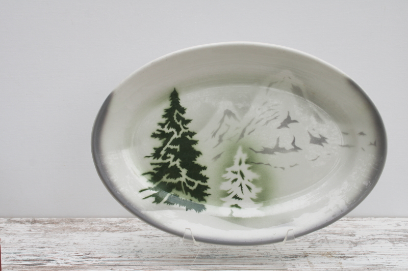 photo of vintage restaurant ware ironstone china platter, pines & mountains airbrush pattern  #1