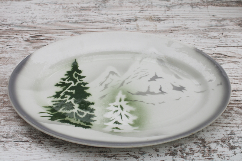 photo of vintage restaurant ware ironstone china platter, pines & mountains airbrush pattern  #2