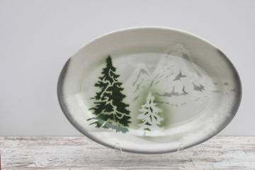 catalog photo of vintage restaurant ware ironstone china platter, pines & mountains airbrush pattern 