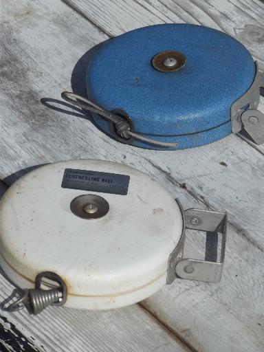 photo of vintage retractable clothesline reels, cordomatic type 30ft wash lines #1